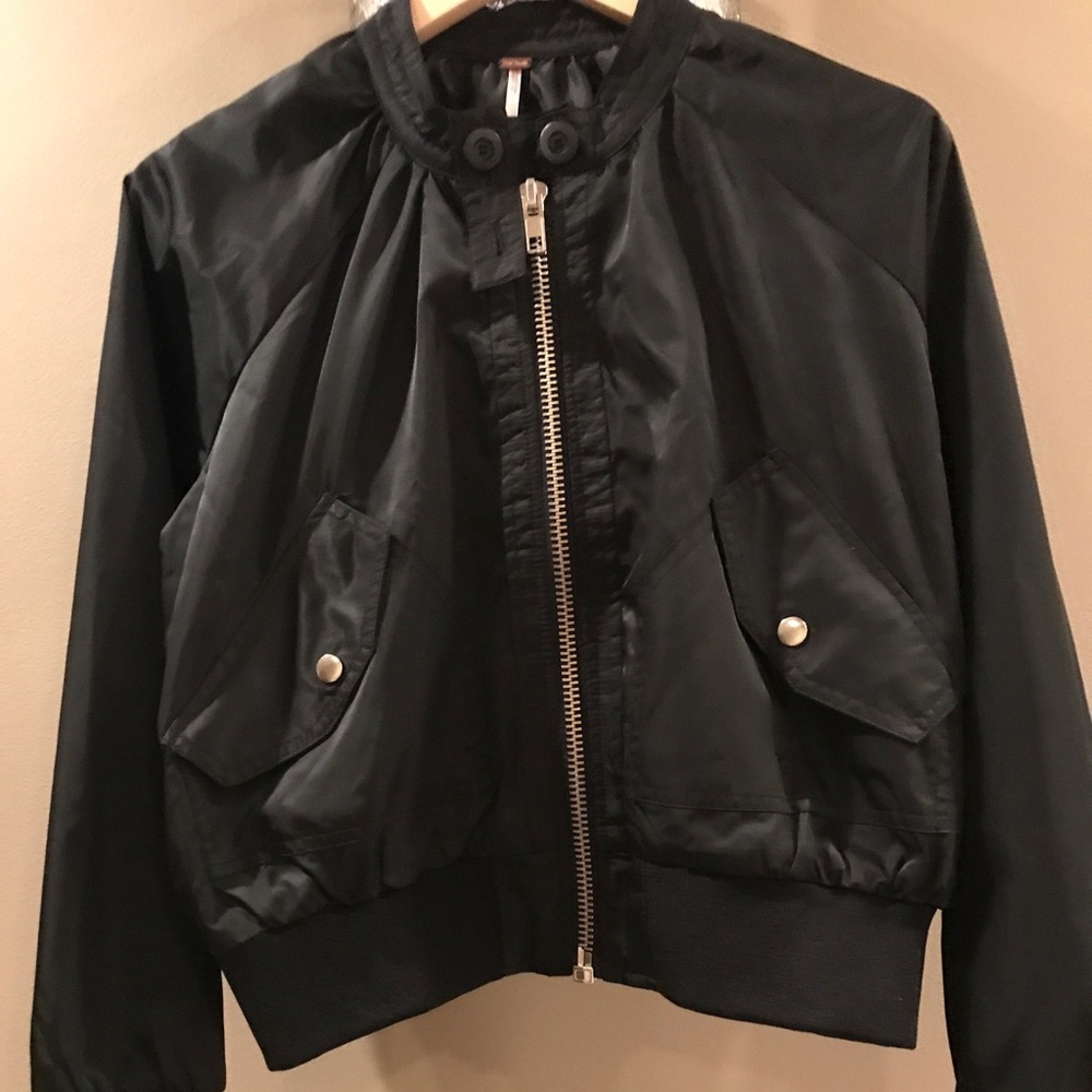 Free People Black Nylon Bomber Jacket